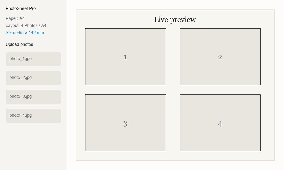 Editor with photos uploaded and 4 Photos / A4 layout